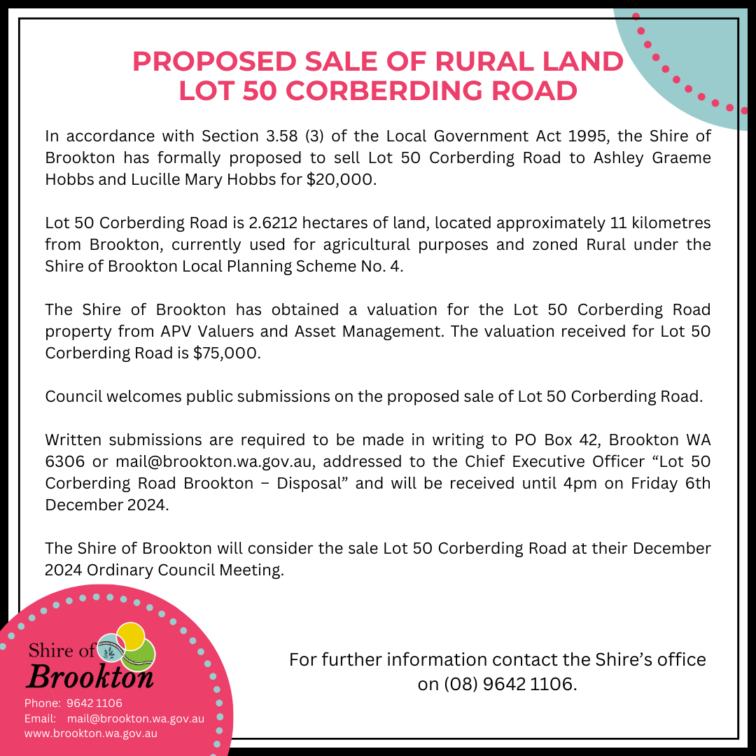 Proposed Sale of Rural Land - Lot 50 Corberding Road